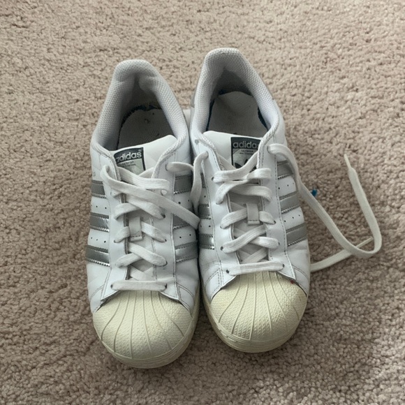 Adidas Kids White and Gray Shell Toe Sneakers - Picture 1 of 6